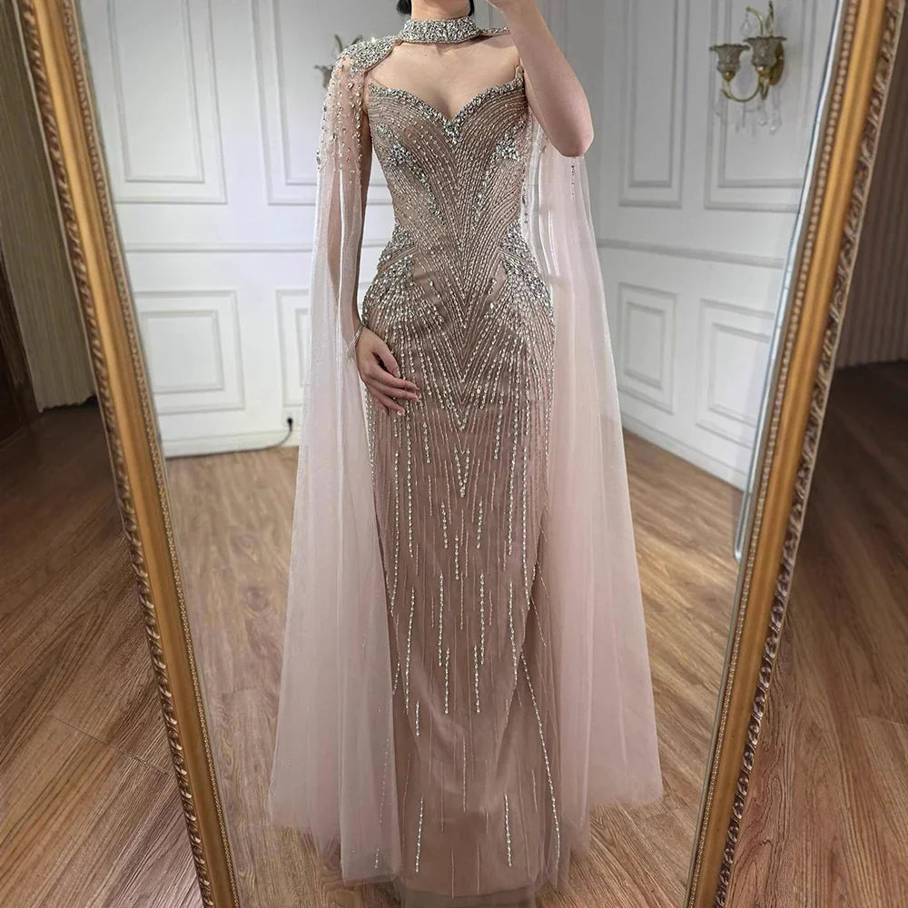 Luxury Arabic Nude Beaded Evening Dress with Cape Sleeves LA73173