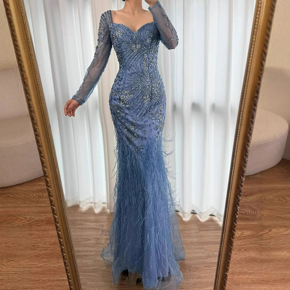 Arabic Blue Feather Beaded Mermaid Evening Dress for Women LA71818