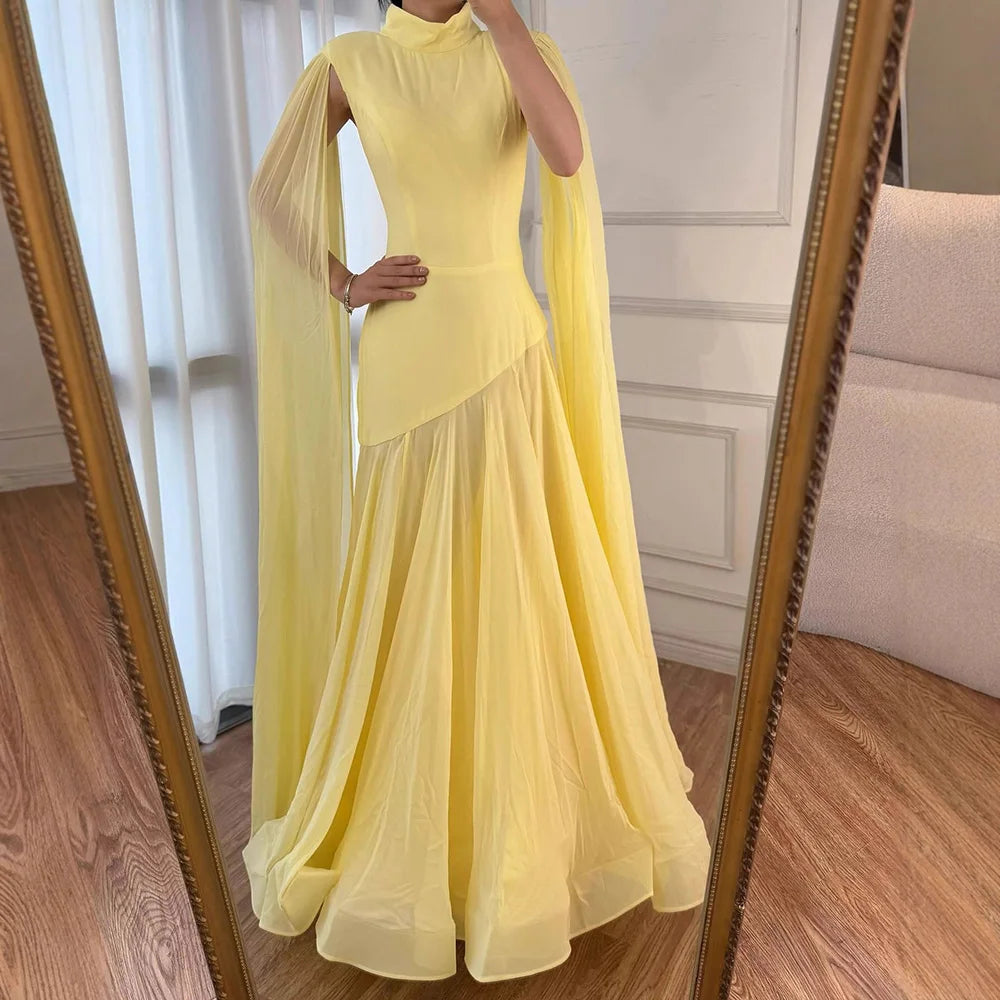 Luxury Yellow High Neck A-Line Evening Dress with Cape Sleeves LA73097