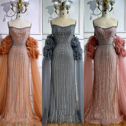 Luxury Pink Beaded Mermaid  Arabic Evening Dress with Cape LA73019