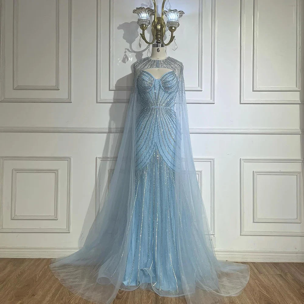Luxury Blue Beaded Evening Gown with Detachable Cape LA72784