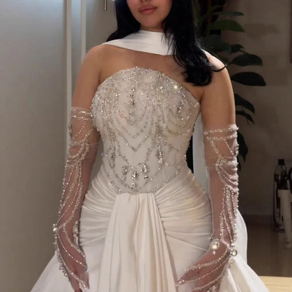 White   Beaded Evening Dress with Gloves LA73086