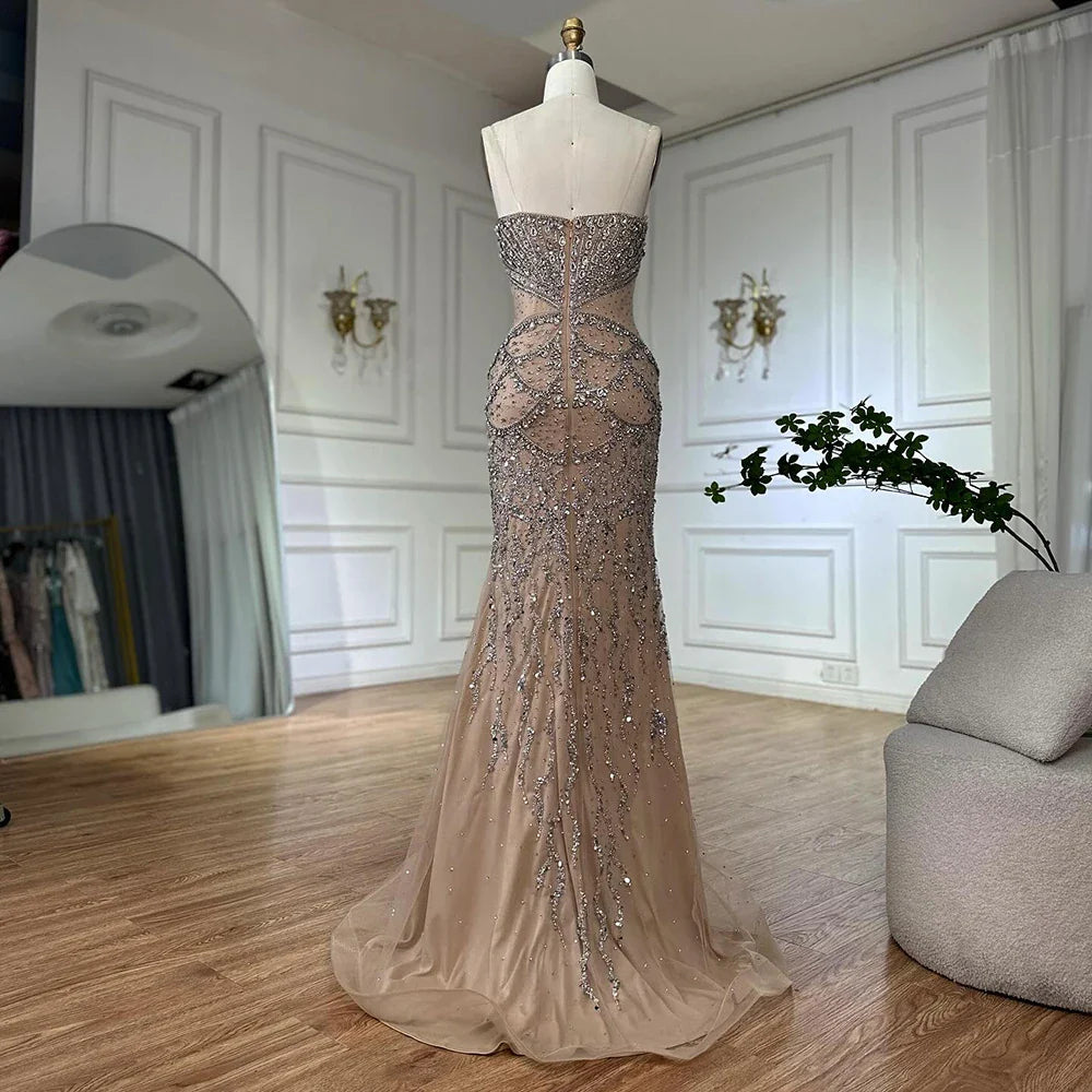 Luxury Nude Cape Sleeves Beaded Crystal Evening Dress LA72806
