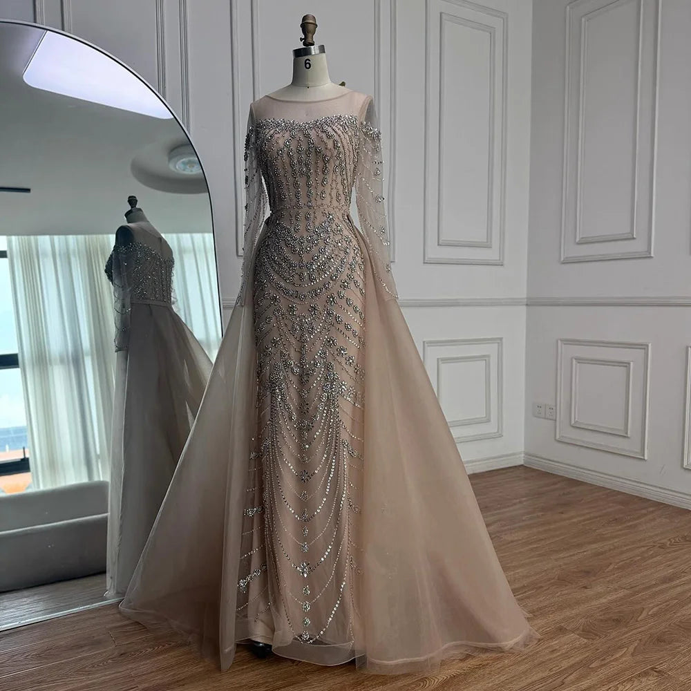 Luxury Off Shoulder Beaded Evening Dress with Long Sleeves and Train LA72930
