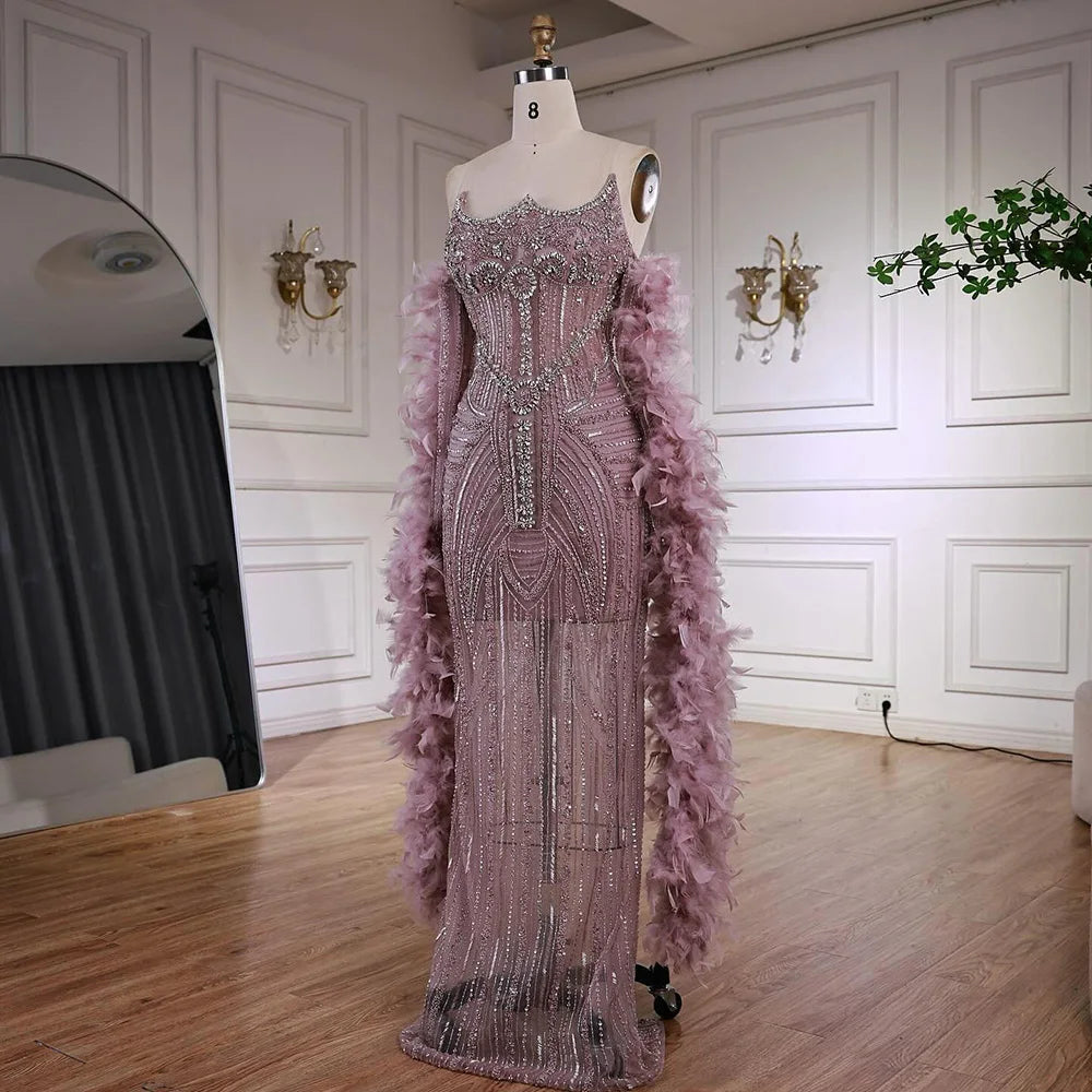 Luxury Caramel Beaded Mermaid Evening Dress with Feather Sleeves LA73055