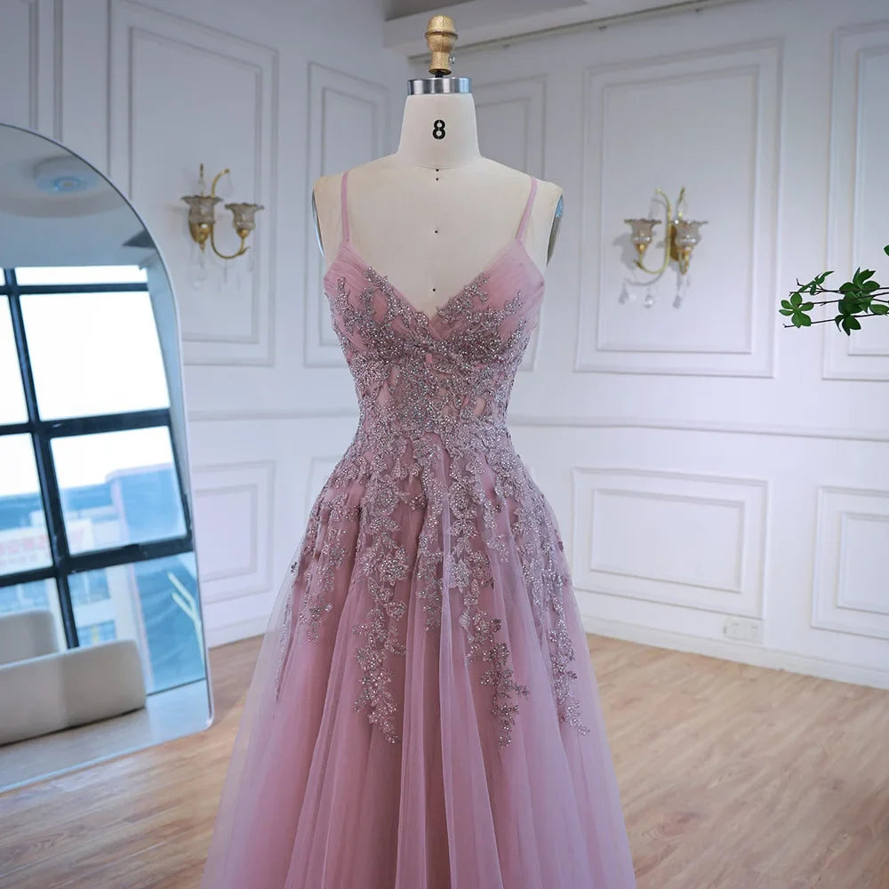 Luxury Pink Tulle A Line Prom Dress with Appliques LA73009