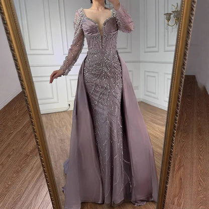 Luxury  Muslin Blue hijab Evening Dress With Long Sleeves LA72963