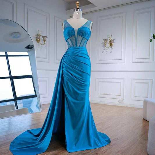 Luxury Blue Prom Dress with Side Overskirt Spaghetti Straps LA73011