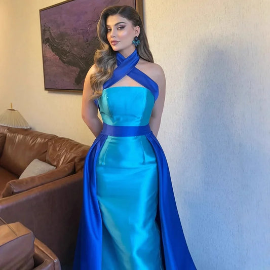 Blue Contrast Turquoise Evening Dress with Overskirt LA72197
