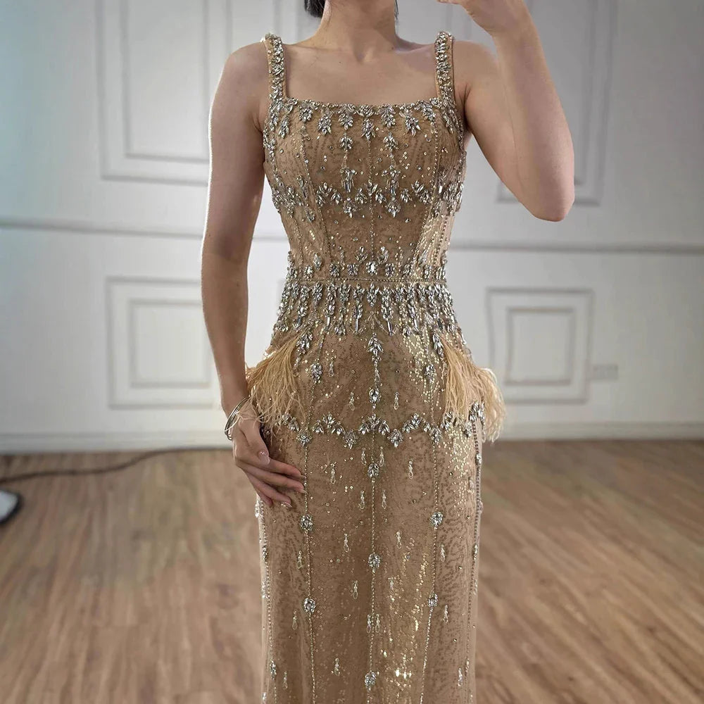 Bling Gray Mermaid Feather Arabic Midi  Evening Dress with Cape LA72334