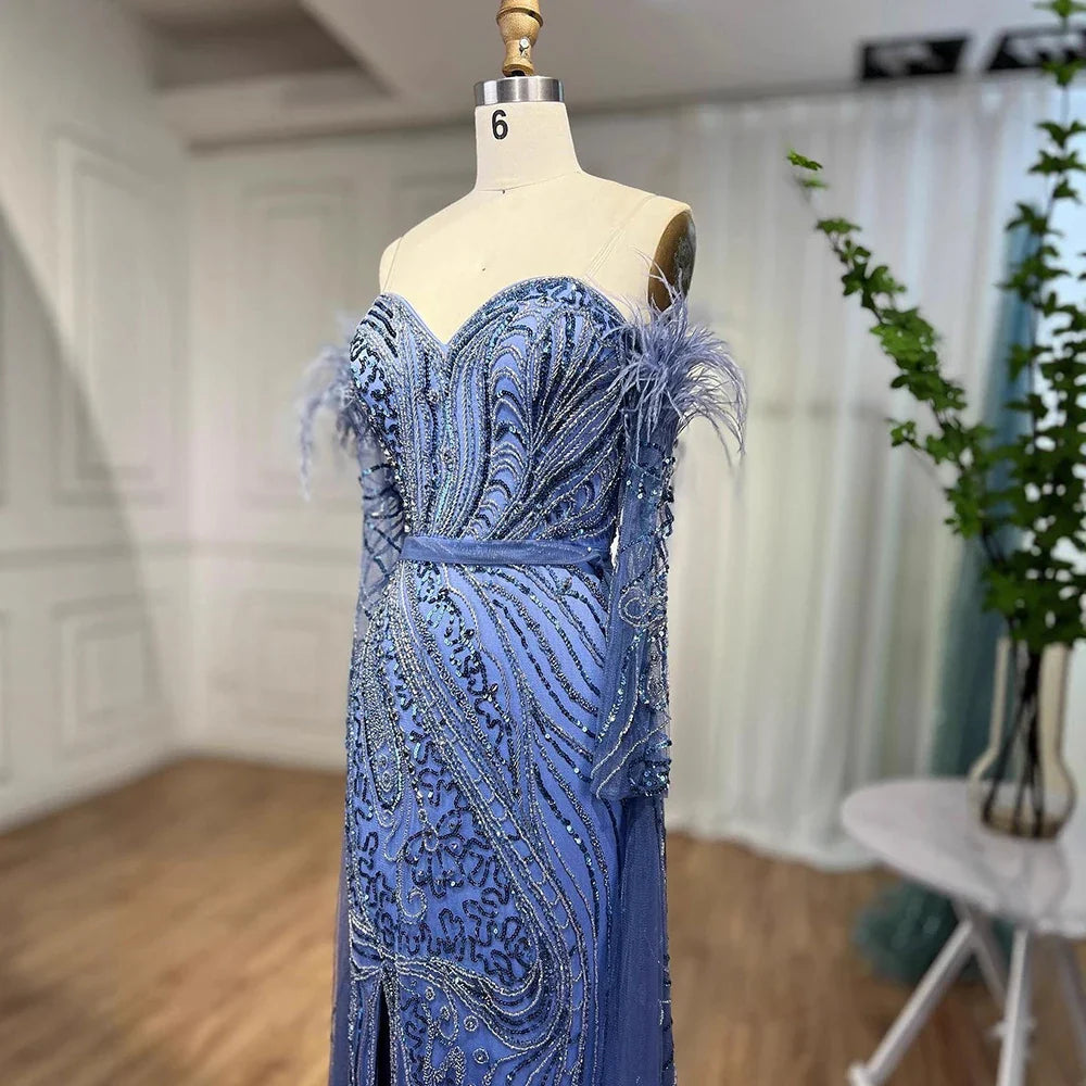 Luxury Arabic Nude Mermaid High Split Feather Beaded Evening Dress LA71910