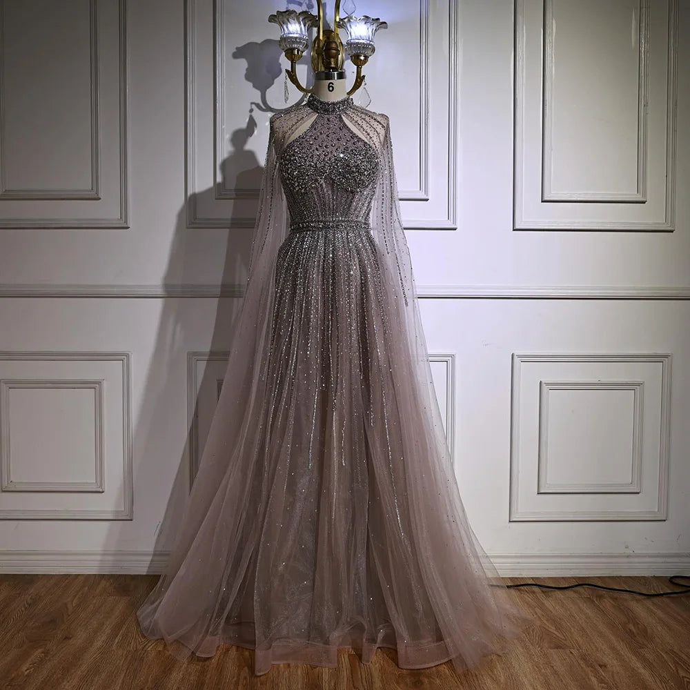 Luxury Turquoise Beaded A-Line Evening Dress with Cape Sleeves LA73054