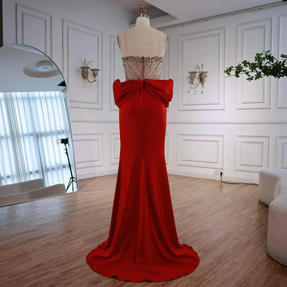 Luxury Red Satin Evening Dress with Bow Designer Gown LA73060