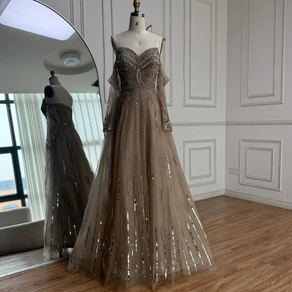 Luxury Caramel Crystal Beaded   Long Sleeve Mermaid Evening Dress LA73130