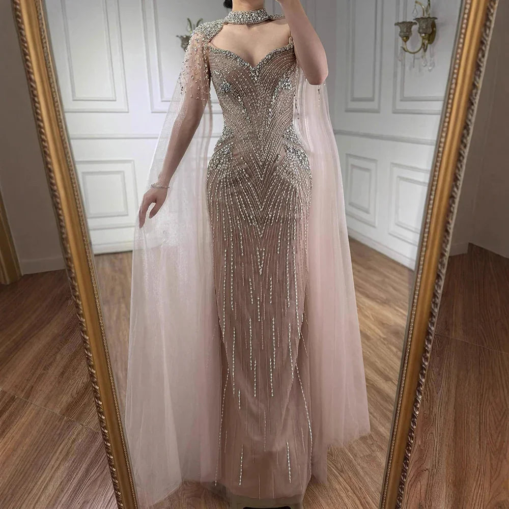 Luxury Arabic Nude Beaded Evening Dress with Cape Sleeves LA73173