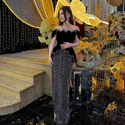 Elegant Black Off Shoulder Pearl Sequin Evening Gown LA73206