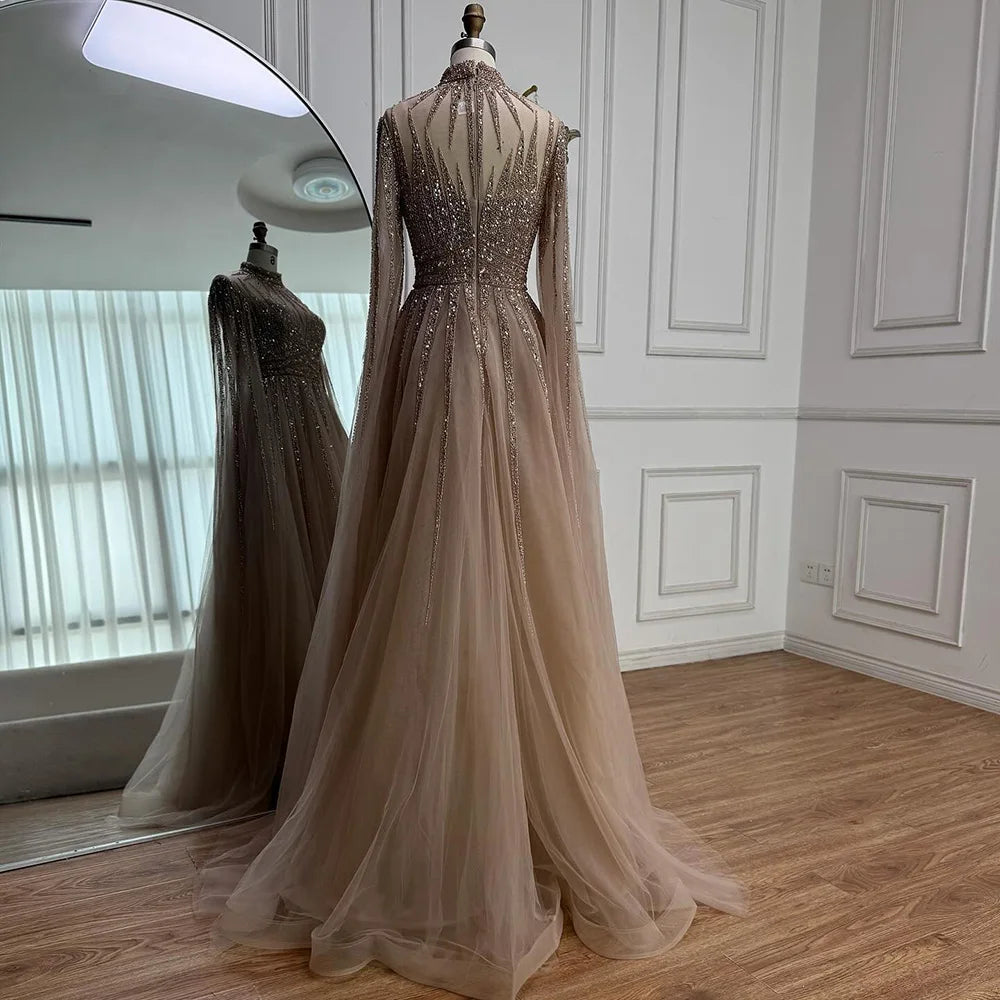 Luxury Arabic Turquoise A-Line Beaded Evening Dress with Cape LA72199