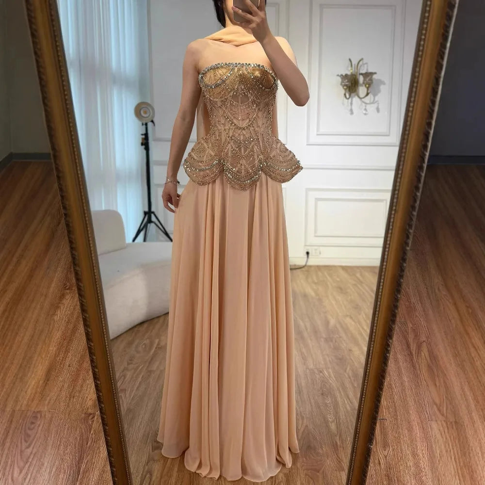 Luxury Designer Nude Beaded Chiffon Evening Dress Wedding LA72915