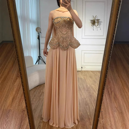Luxury Designer Nude Beaded Chiffon Evening Dress Wedding LA72915