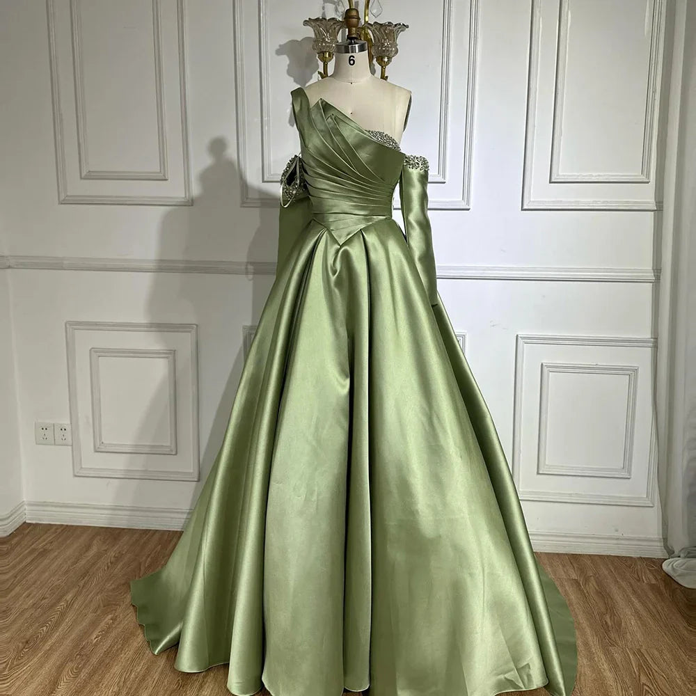 Luxury Black Satin One Shoulder Beaded A-Line Evening Dress LA72741