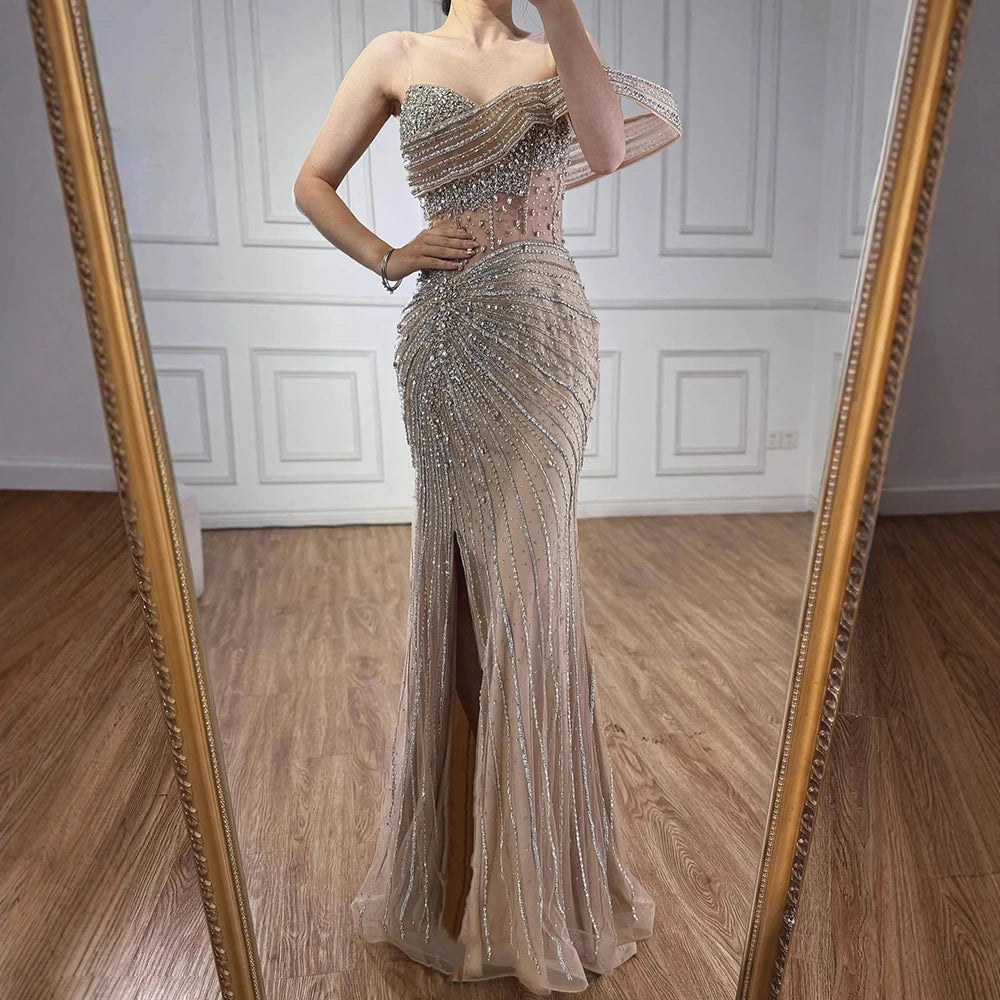 Luxury Pink Crystal One Shoulder Beaded Evening Dress Split LA73197