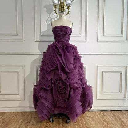 Luxury Purple 3D Rose Flower Strapless Princess Evening Dress LA73176