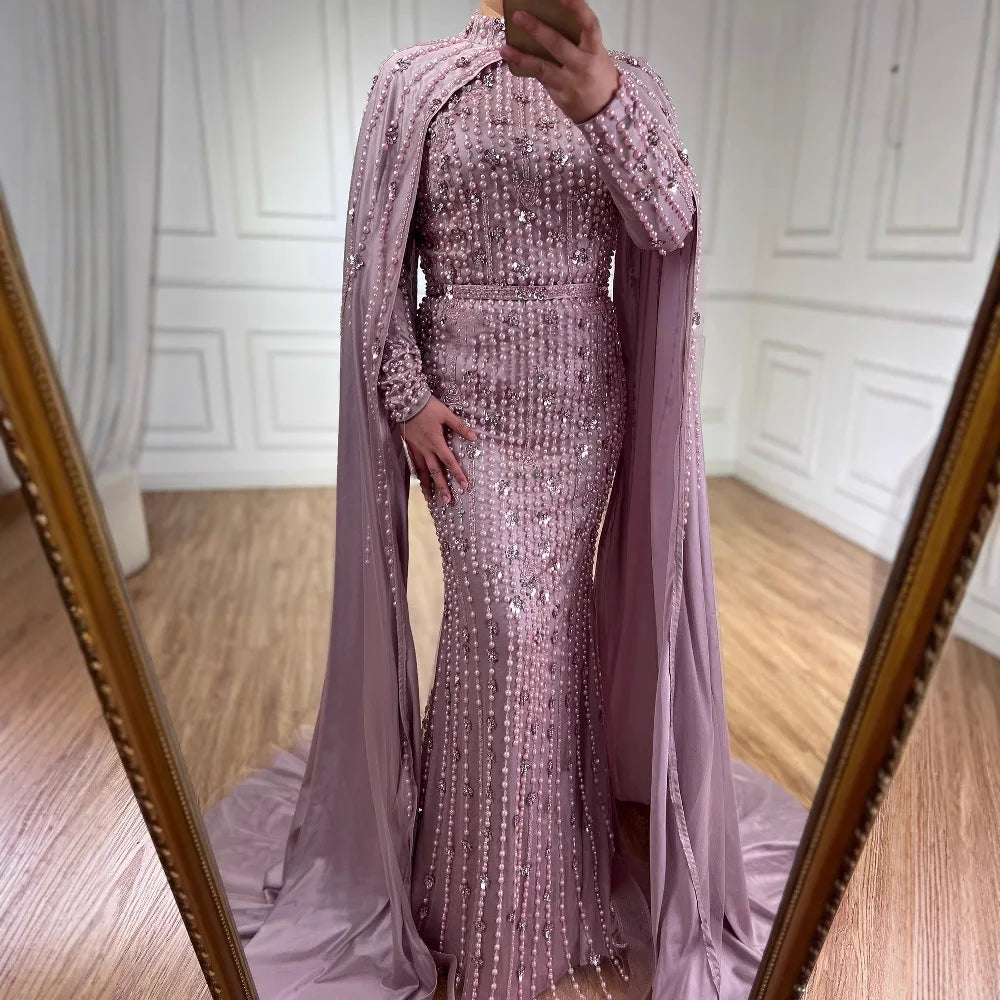 Luxury Blue Muslim Mermaid Beaded Evening Gowns with Cape Sleeves LA72533