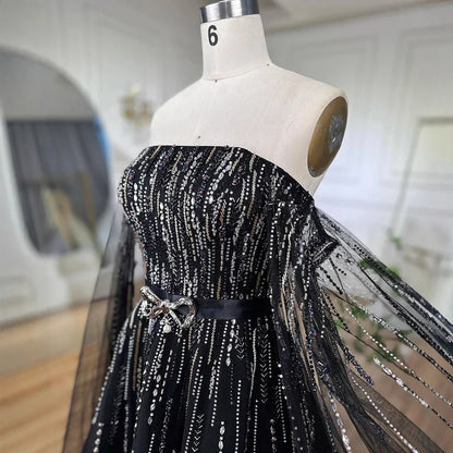 Luxury Black A Line Beaded Evening Dress with Cape Sleeves LA71824