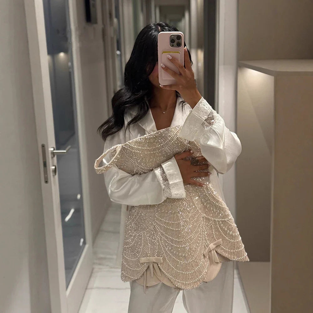 Luxury Nude Pearl Beaded A-Line Mini Evening Dress LA73211