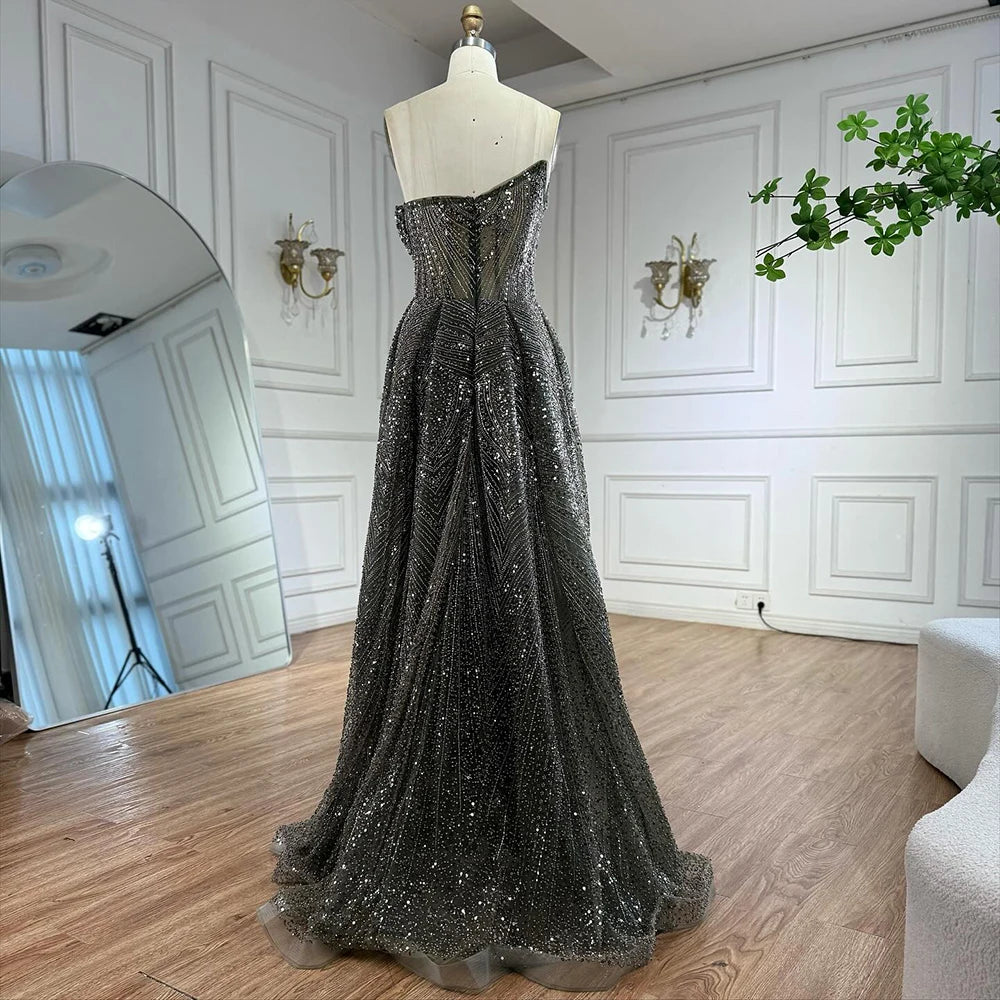 Luxury Olive Green Beaded Mermaid Evening Dress with Overskirt LA73164