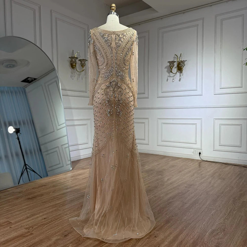 Luxury Nude Long Sleeve Beaded Mermaid Evening Dress LA73155