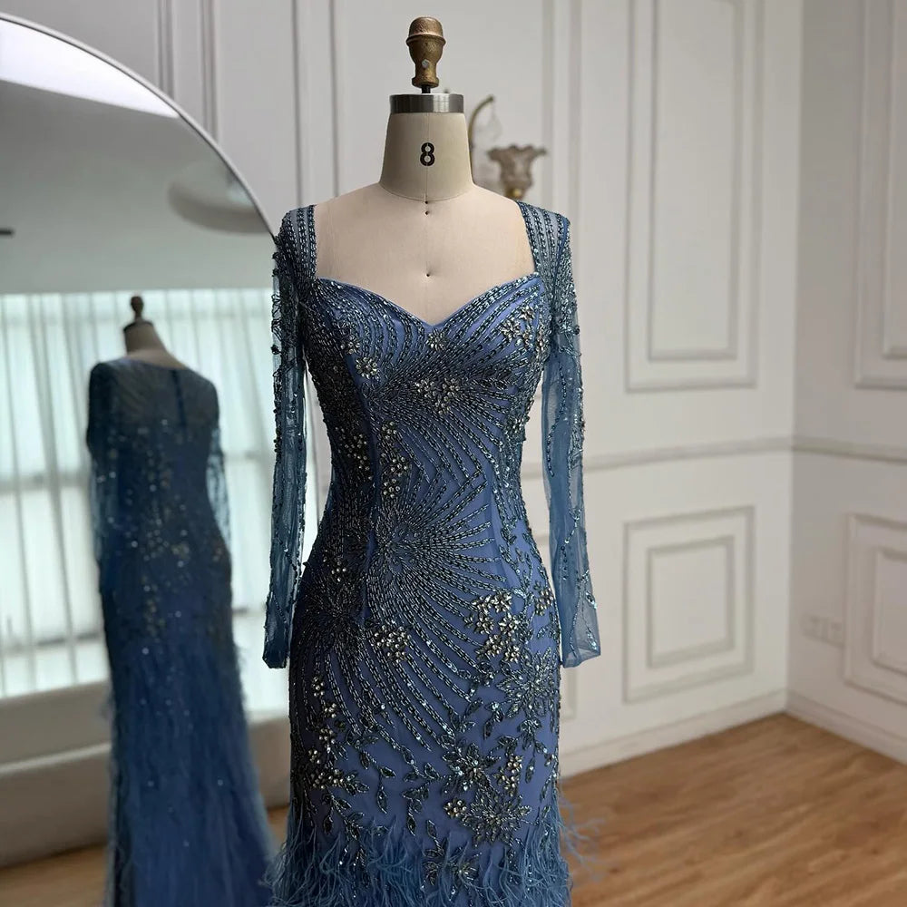 Arabic Blue Feather Beaded Mermaid Evening Dress for Women LA71818