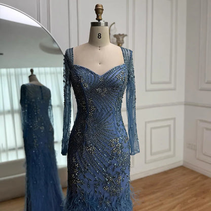 Arabic Blue Feather Beaded Mermaid Evening Dress for Women LA71818