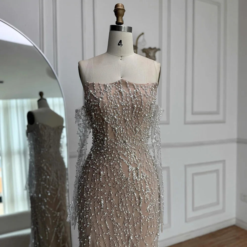 Luxury Nude Strapless Pearl Beaded Mermaid Evening Gown with Gloves LA72345C