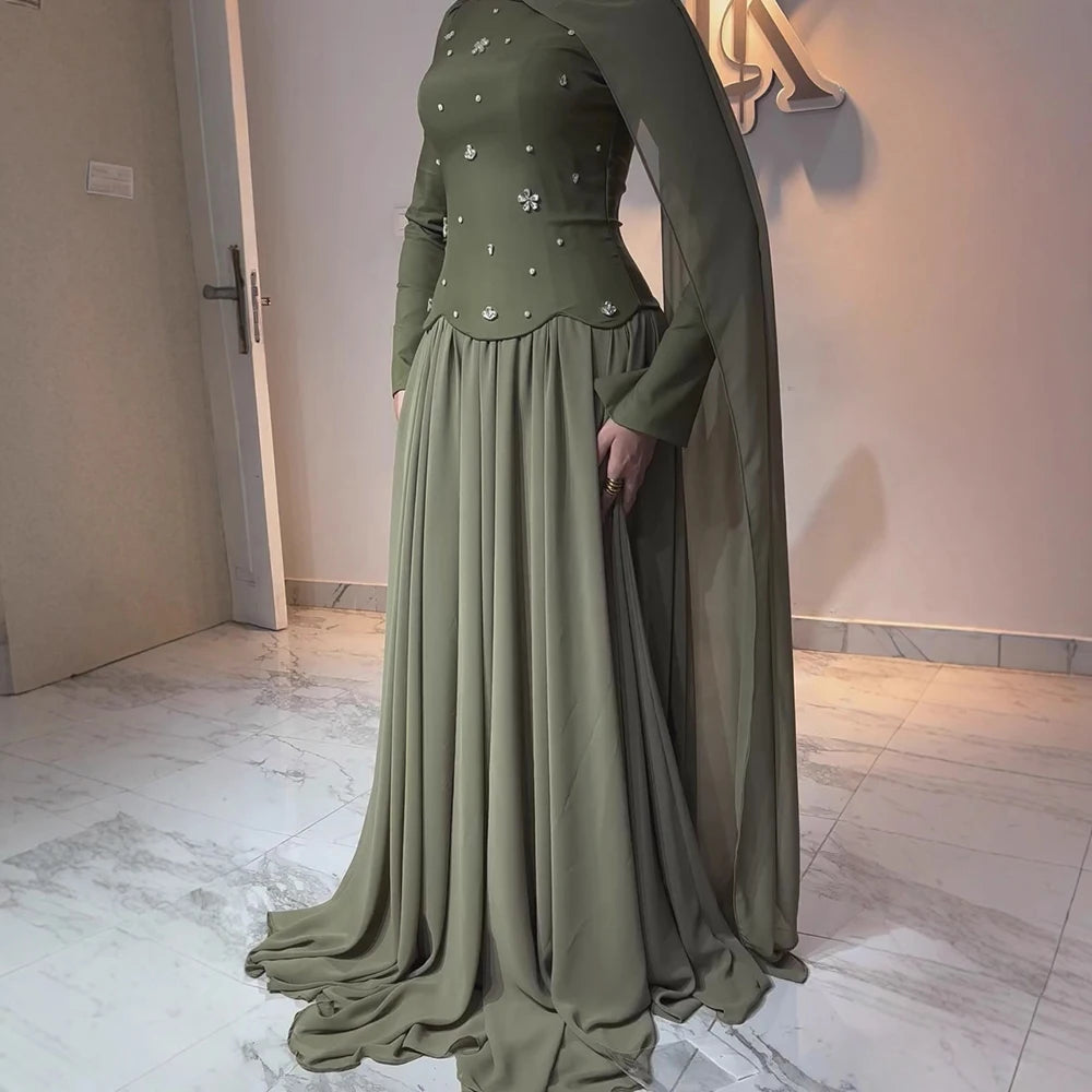 Luxury Olive Green Beaded Evening Dress with Cape LA73217