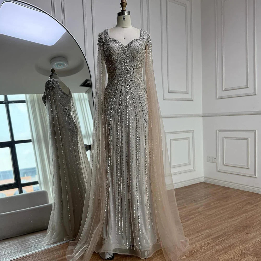 Luxury Arabic Nude Beaded Evening Dress with Cape Sleeves LA73181