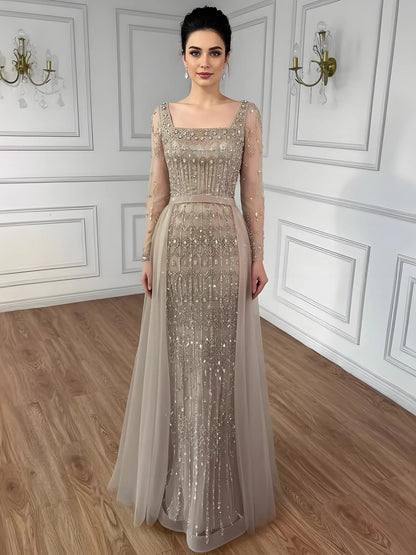 Luxury Arabic Square Neck Beaded Mermaid Evening Dress LA72714D