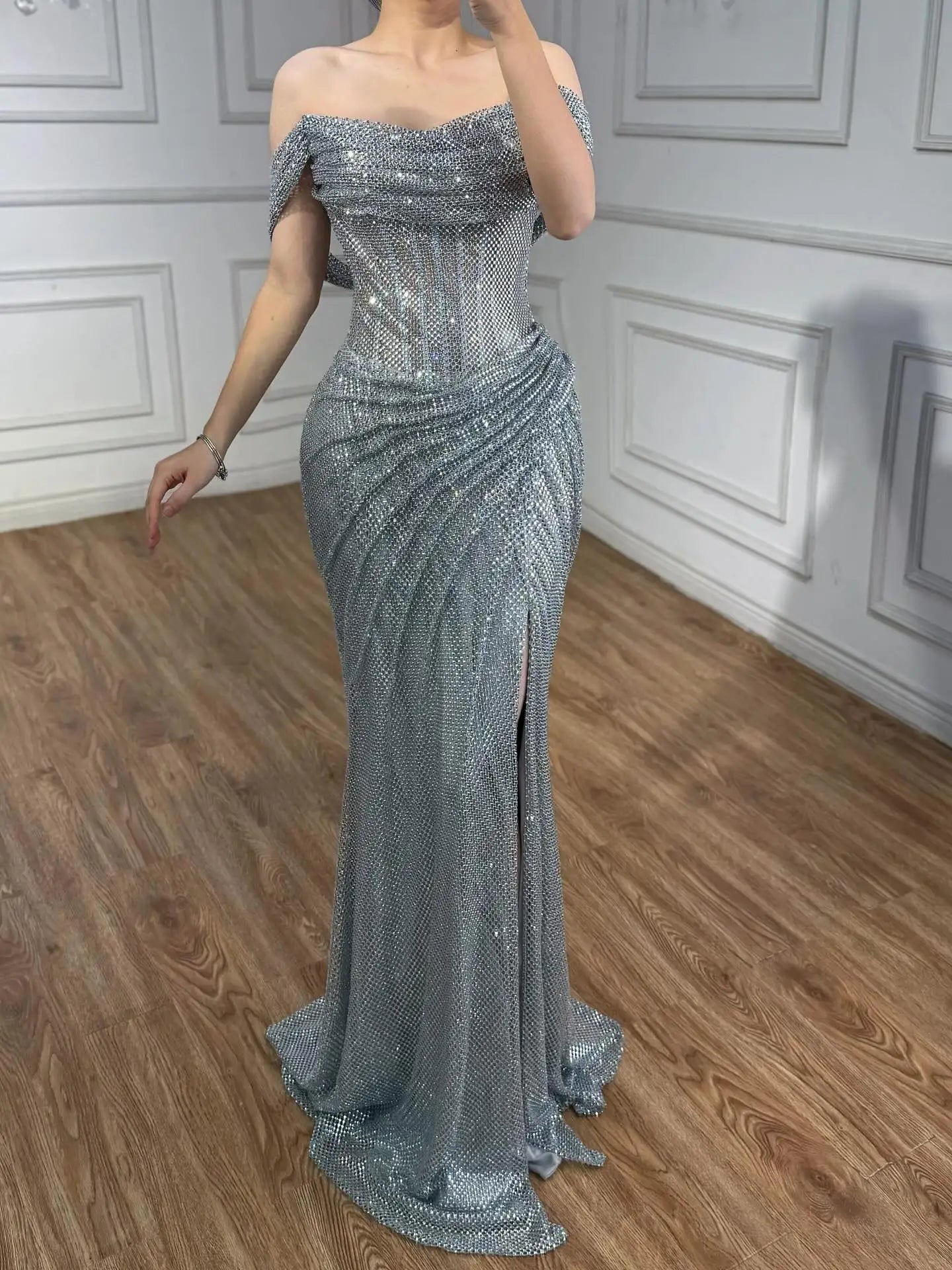 Luxury Silver Diamond Corset Off Shoulder Mermaid Evening Dress LA73410