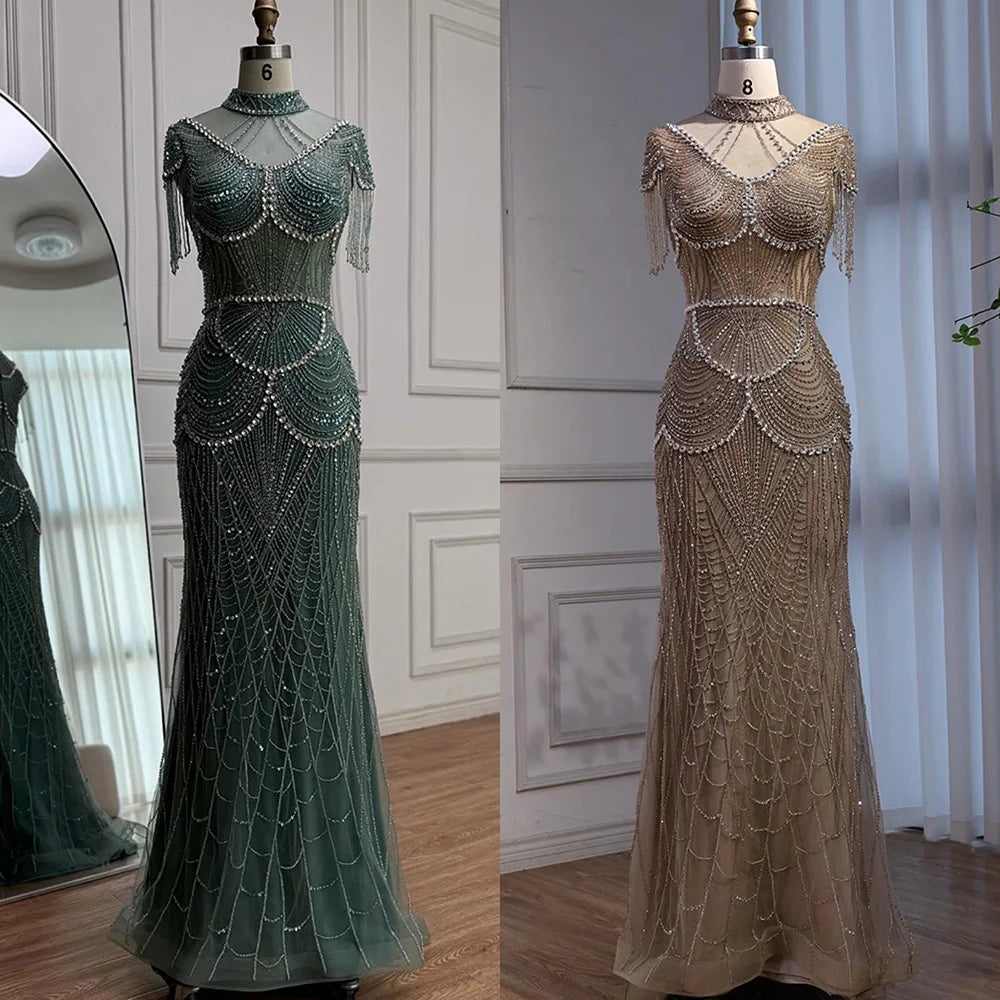 Luxury Turquoise High Neck Beaded Tassel Evening Dress for Women LA73112