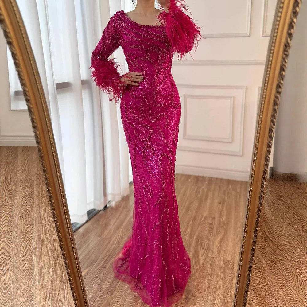 Royal Blue One-Shoulder Mermaid Evening Dress with Beads & Feathers LA72395
