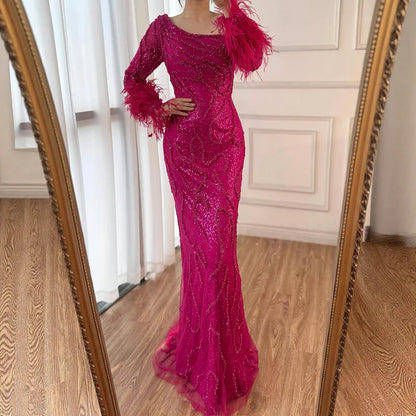 Royal Blue One-Shoulder Mermaid Evening Dress with Beads & Feathers LA72395