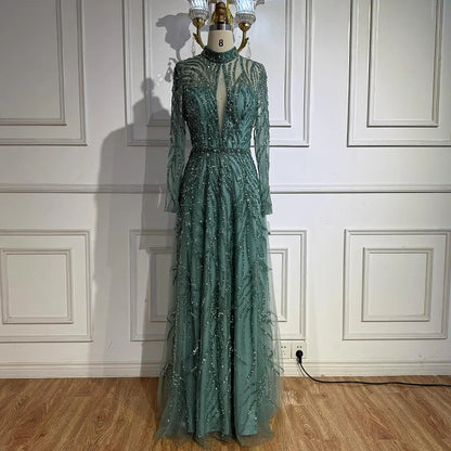 Elegant Turquoise High Neck A-Line Evening Dress Beaded LA71682A
