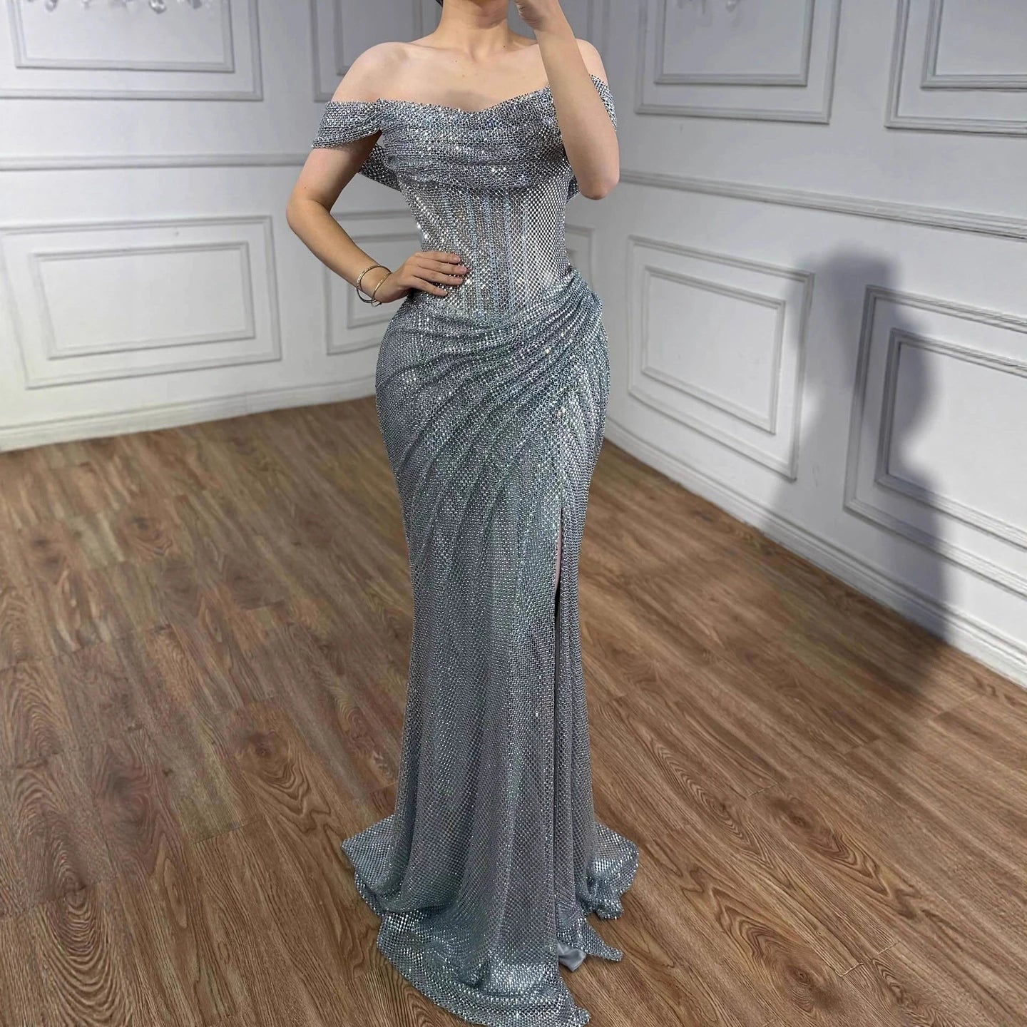 Luxury Silver Diamond Corset Off Shoulder Mermaid Evening Dress LA73410