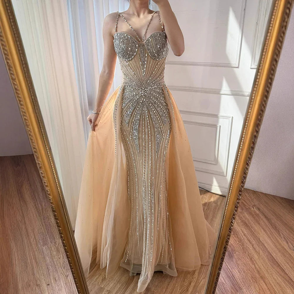 Luxury Nude Spaghetti Strap Mermaid Evening Dress with Overskirt Beaded LA73090A