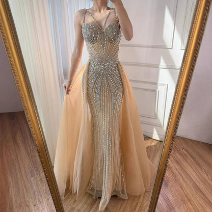 Luxury Nude Spaghetti Strap Mermaid Evening Dress with Overskirt Beaded LA73090A
