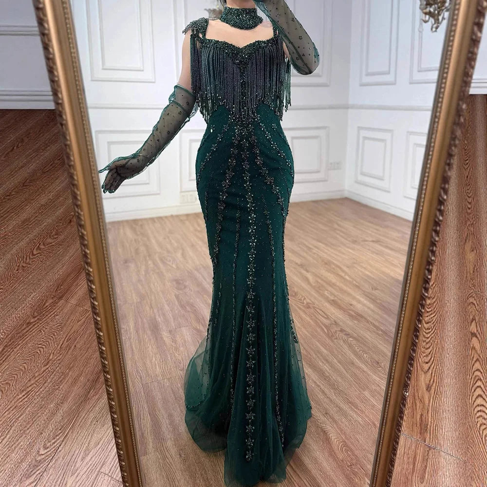 Luxury Arabic Nude Kendall Jenner Mermaid Evening Dress Beaded Tassel LA71540