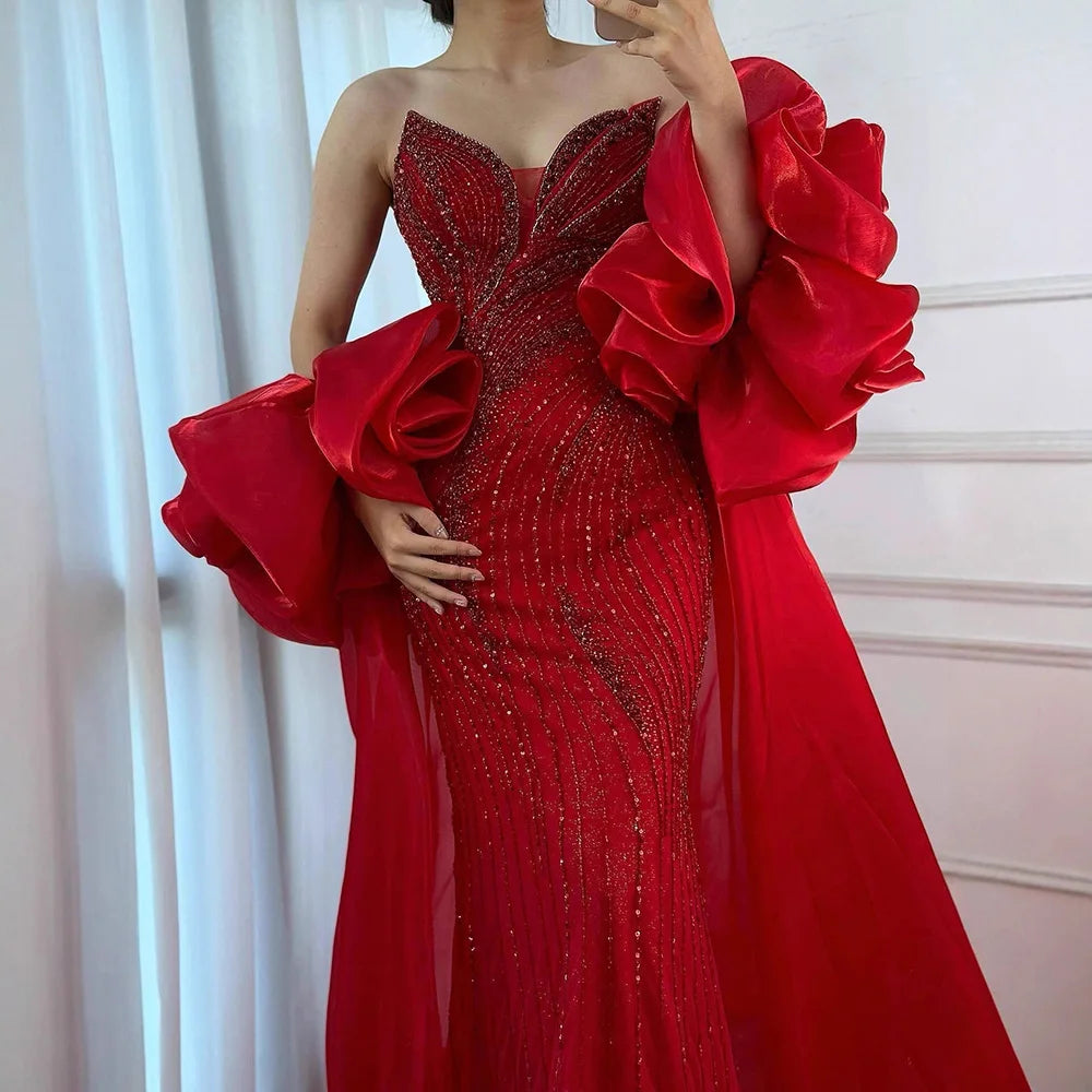 Luxury Red Strapless Mermaid Evening Dress with Cape LA72896