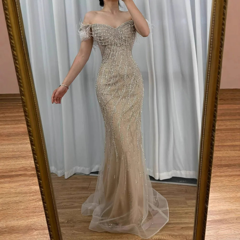 Luxury Dubai Nude Beaded Mermaid Evening Gown with Feather Formal Occasion LA72818