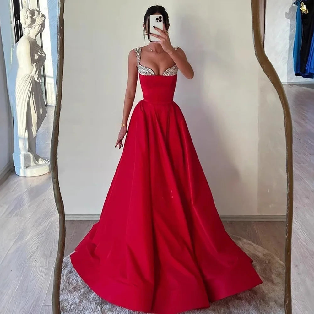 Luxury Red Beaded A-Line Prom Dress with Spaghetti Straps LA73049