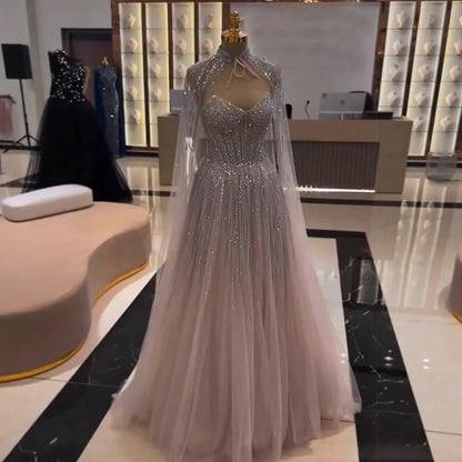 Luxury Pink   Tulle Beaded A Line Evening Dress LA73104